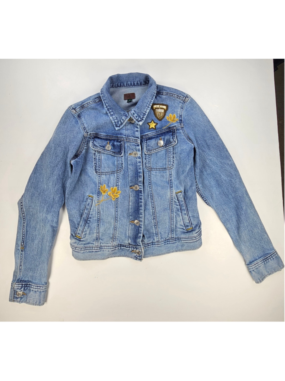 Lauren Ralph Lauren Womens 4 Embroidered Patch Denim Jacket Floral Crest Blue